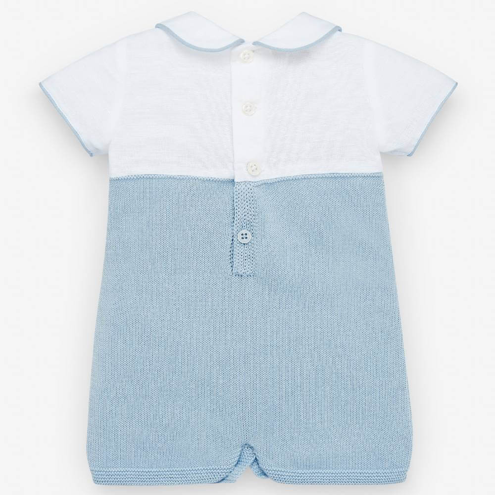 Paz Rodriguez Acuario Knit Shortie Romper — Baby Boy | White & Sky Blue