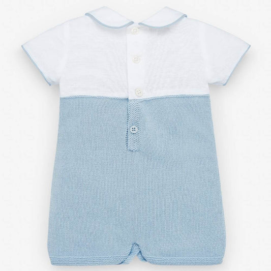 Paz Rodriguez Acuario Knit Shortie Romper — Baby Boy | White & Sky Blue