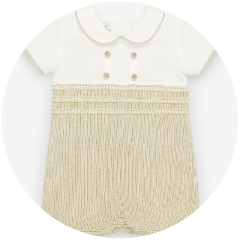 Paz Rodriguez Acuario Knit Shortie Romper — Baby Boy | White linen & Brown