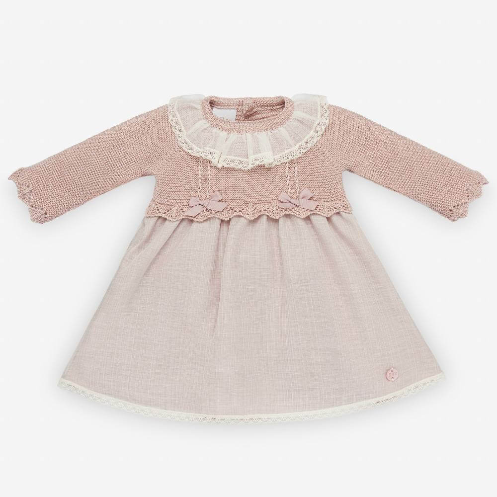 Paz Rodriguez Mist Pink Knit & Woven Dress – Lace Collar & Bow Detail
