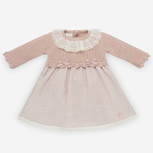 Paz Rodriguez Mist Pink Knit & Woven Dress – Lace Collar & Bow Detail