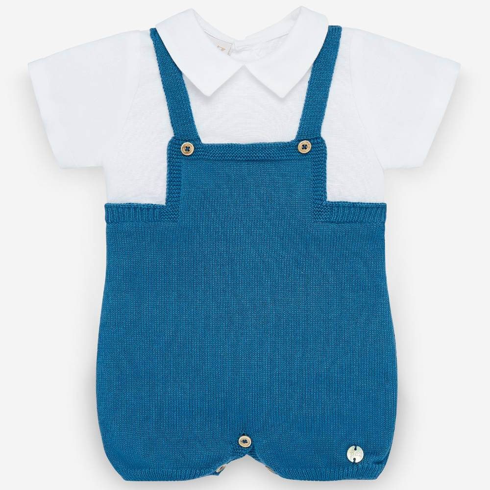 Paz Rodriguez Cerezas Knit Dungaree & Shirt Set — Baby Boy | Artic Blue & White