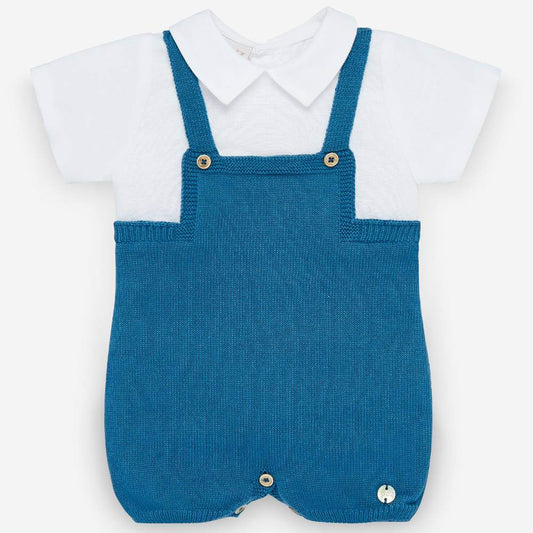 Paz Rodriguez Cerezas Knit Dungaree & Shirt Set — Baby Boy | Artic Blue & White