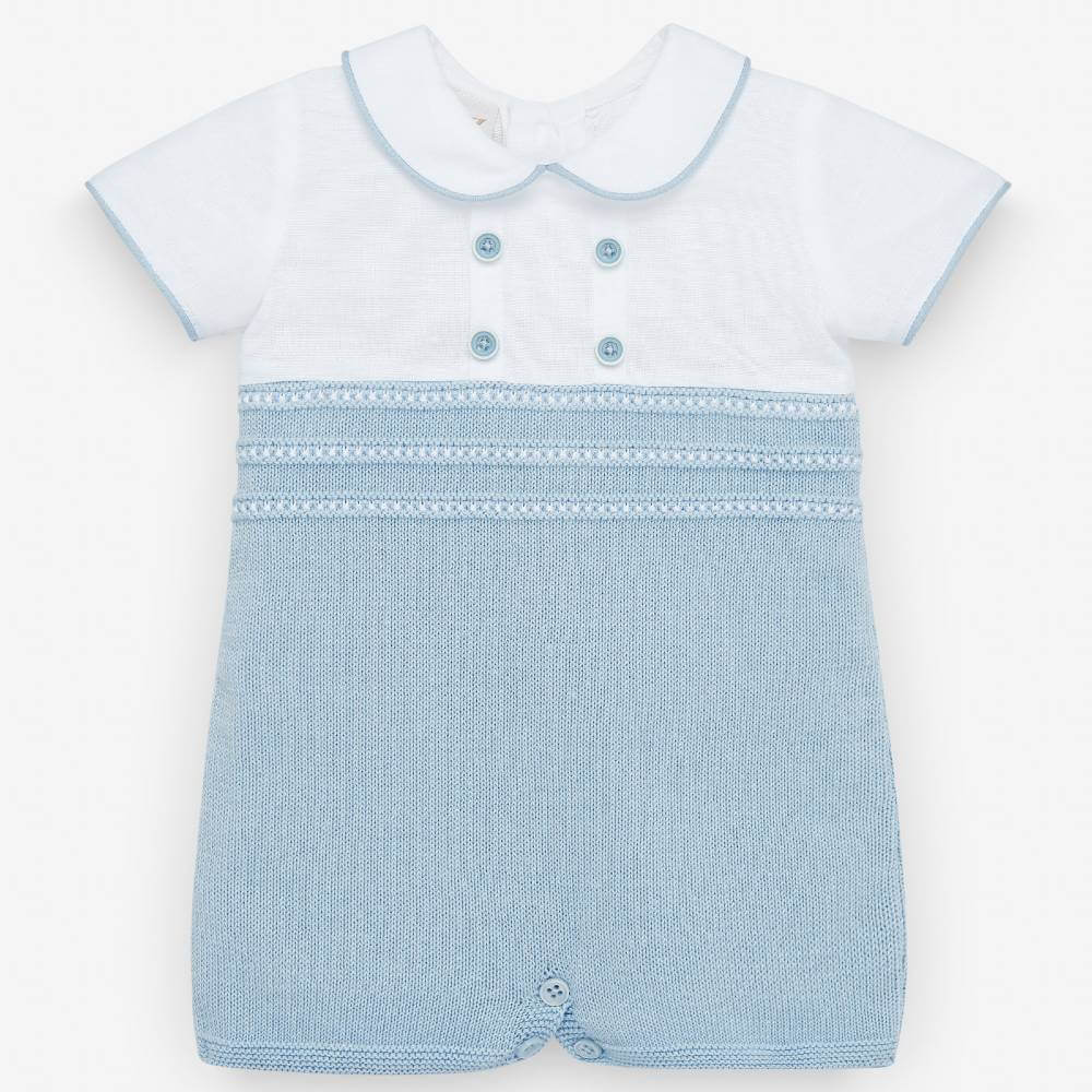 Paz Rodriguez Acuario Knit Shortie Romper — Baby Boy | White & Sky Blue