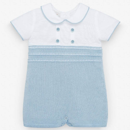 Paz Rodriguez Acuario Knit Shortie Romper — Baby Boy | White & Sky Blue
