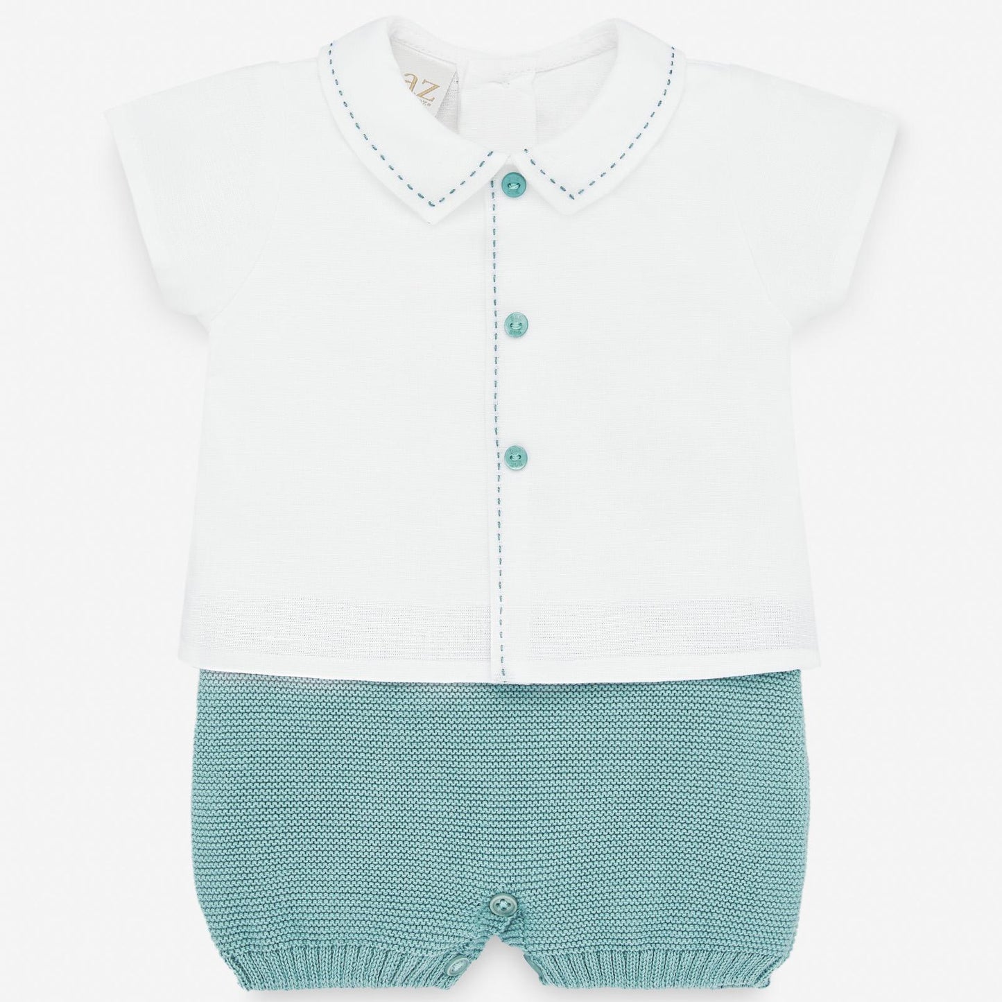 Paz Rodriguez Verde Lago Shortie Romper — Baby Boy | White & Teal
