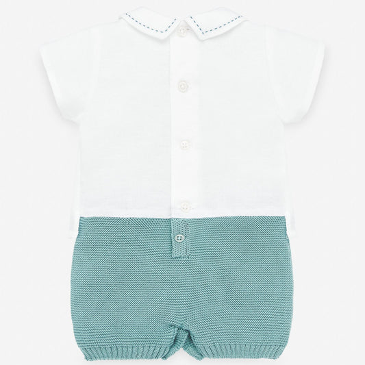 Paz Rodriguez Verde Lago Shortie Romper — Baby Boy | White & Teal