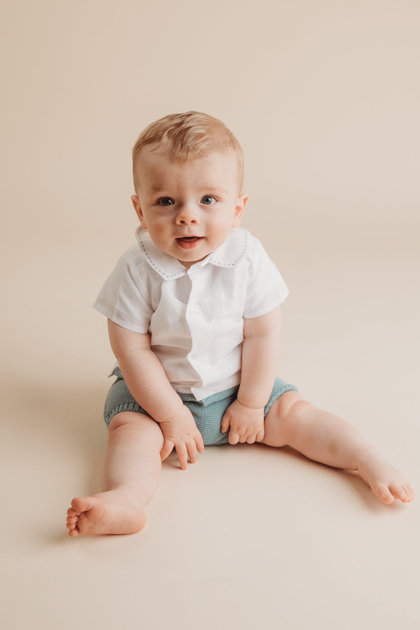 Paz Rodriguez Verde Lago Shortie Romper — Baby Boy | White & Teal