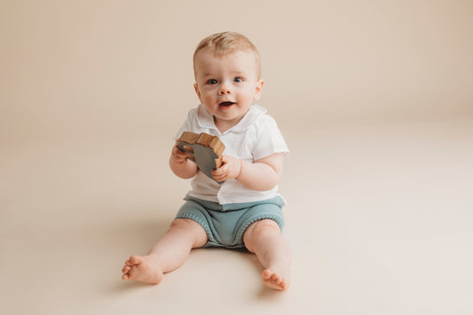 Paz Rodriguez Verde Lago Shortie Romper — Baby Boy | White & Teal