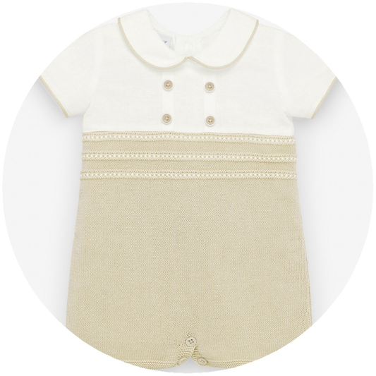 Paz Rodriguez Acuario Knit Shortie Romper — Baby Boy | White linen & Brown