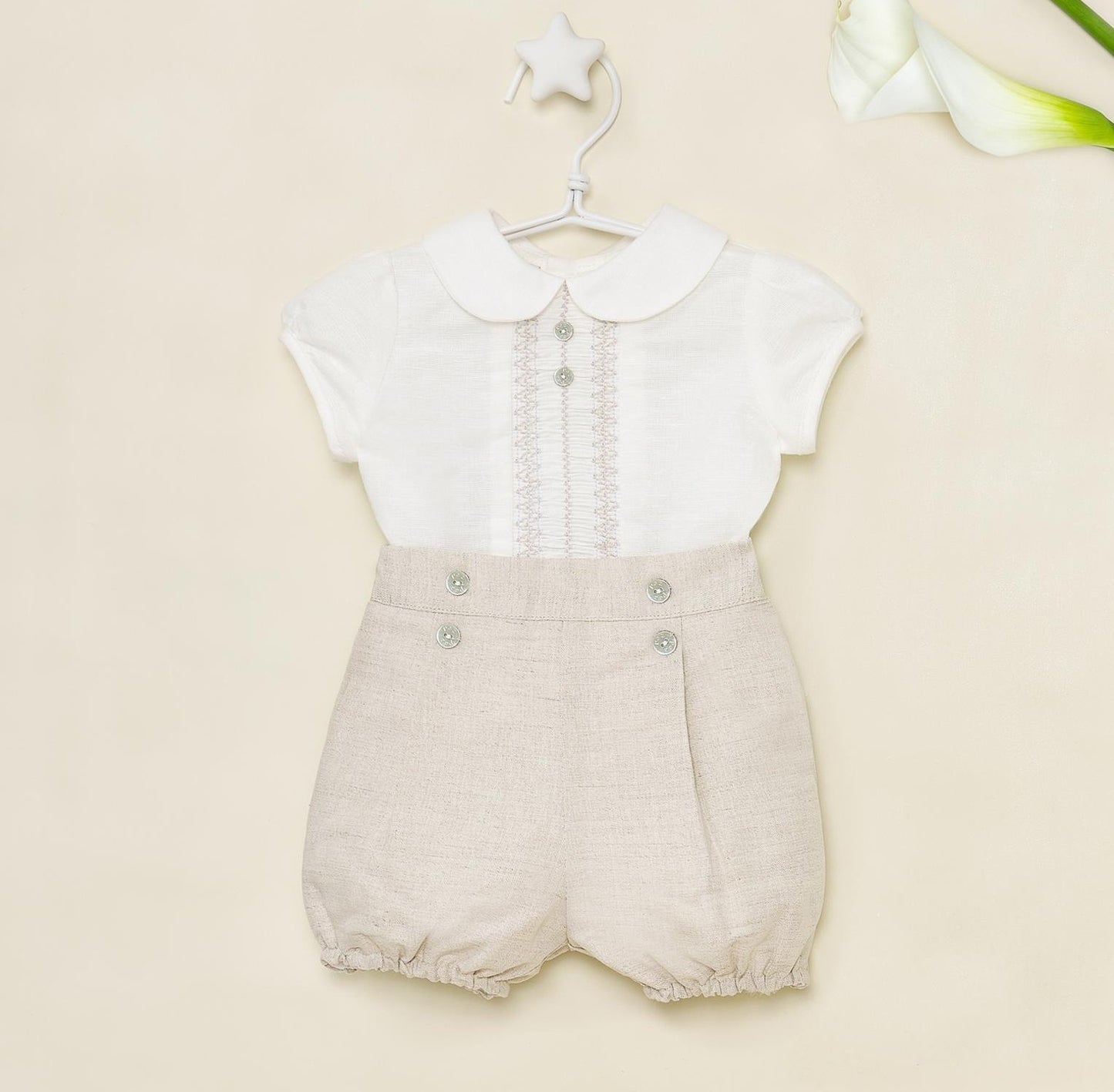 Boys Linen Shirt & Shorts Set - Woven Pattern