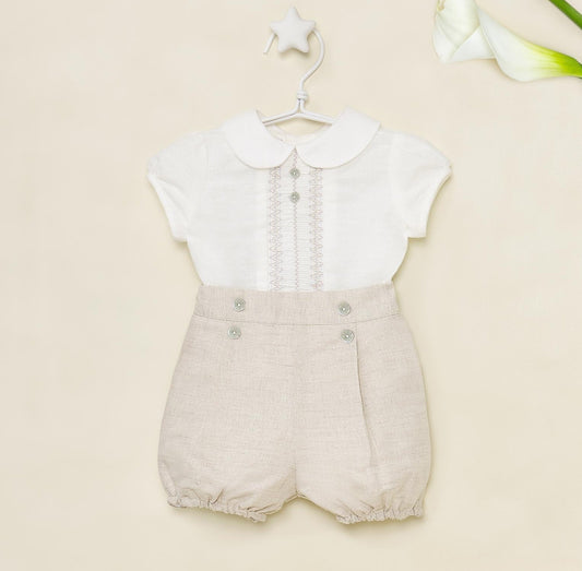Boys Linen Shirt & Shorts Set - Woven Pattern
